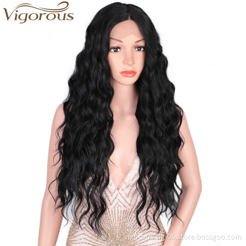 Vigorous Lace Front Wigs 26" Long Wavy Synthetic Wigs for Black Women 150% Density Deep Wave Middle Part Wigs(Natural Black)